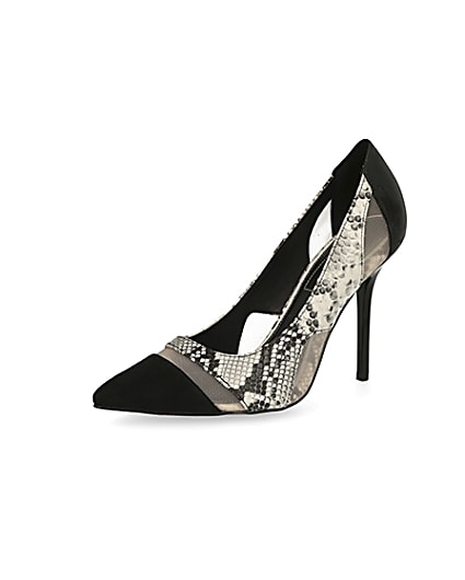 360 degree animation of product Black snake printed mesh heeled court shoes frame-1