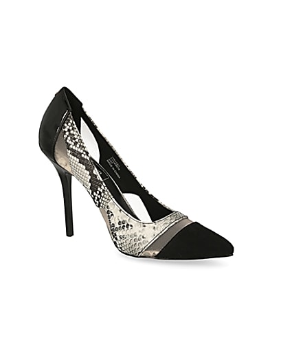 360 degree animation of product Black snake printed mesh heeled court shoes frame-17