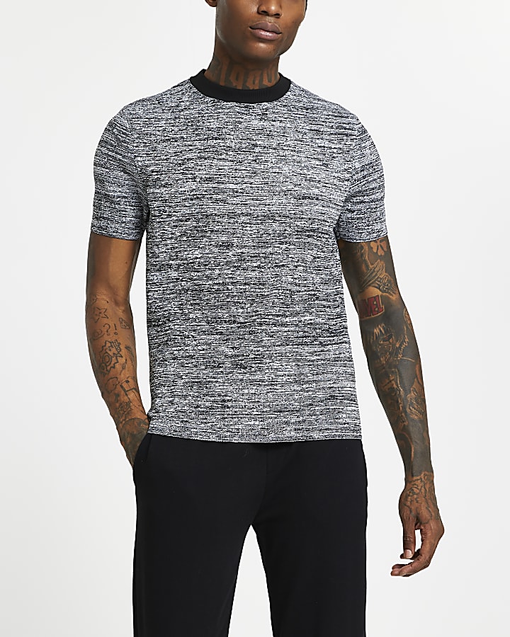Black spacedye muscle fit knitted t-shirt