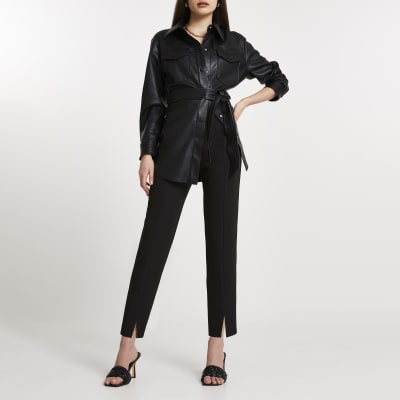 Black split front cigarette leg trousers