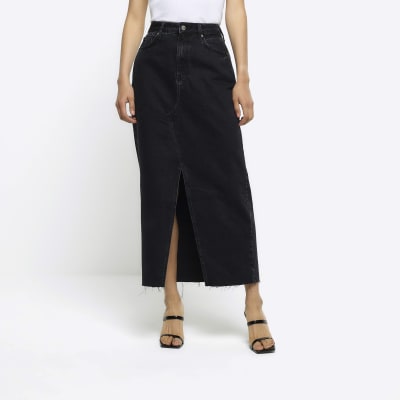 Black split front denim midi skirt | River Island