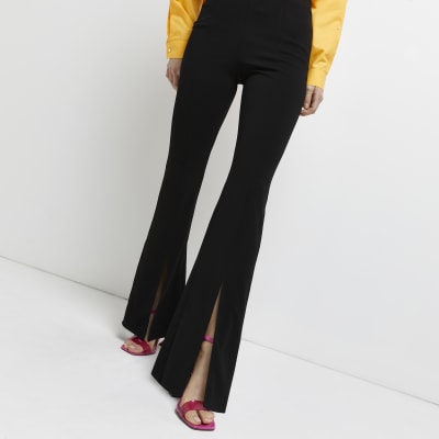 black split front flared trousers