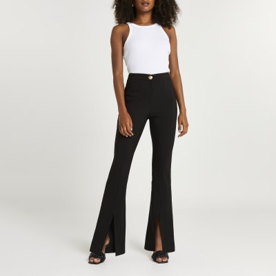 black split front flared trousers