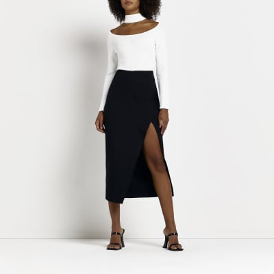 Black split hem pencil midi skirt | River Island