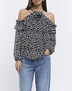 Black spot cold shoulder corsage blouse