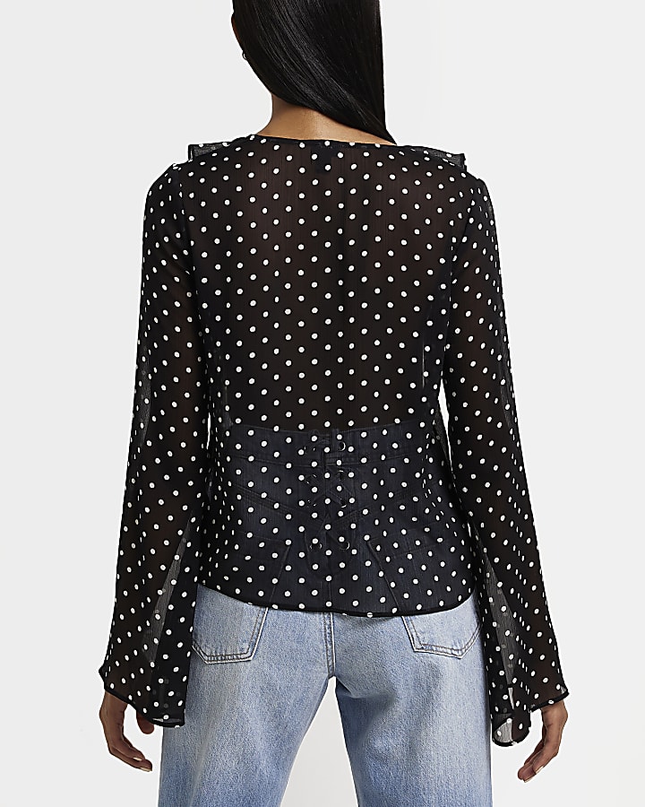 Black spot frill blouse