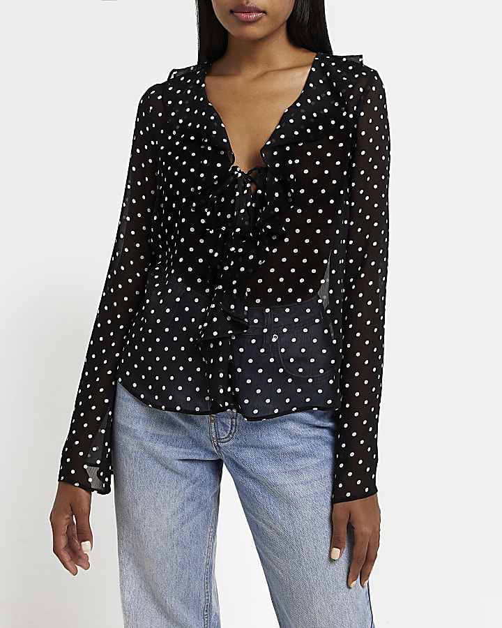 Black spot frill blouse