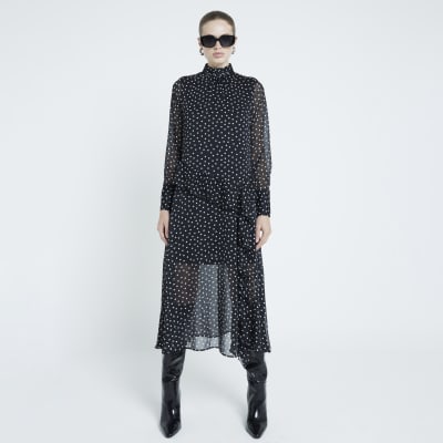 Black spot frill midi dress River Island