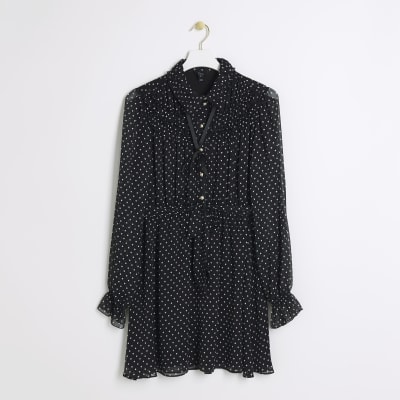 Black spot frill mini shirt dress | River Island