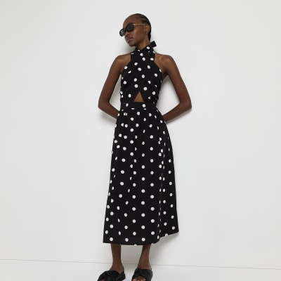 BLACK SPOT HALTER NECK MIDI DRESS RIVER ISLAND