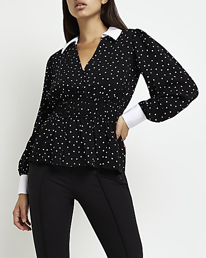 Black spot long sleeve collared blouse
