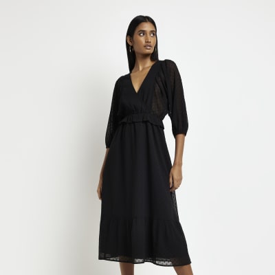 Black spot long sleeve wrap midi dress