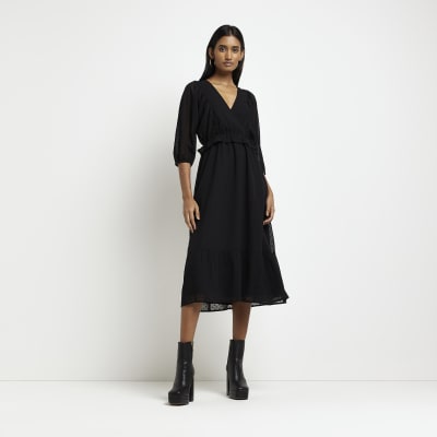 Black spot long sleeve wrap midi dress | River Island