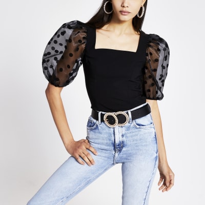 Black spot organza puff sleeve top | River Island