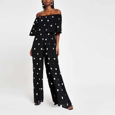 black spot print bardot jumpsuit