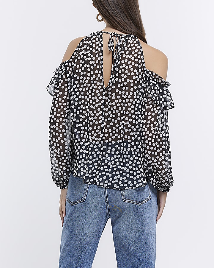 Black spot print corsage blouse