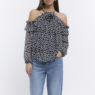 Black spot print corsage blouse