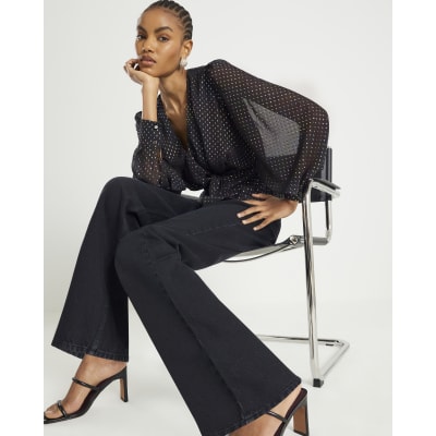 Black Spot Print Knot Front Blouse