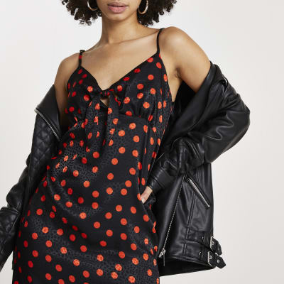 Black spot print knot front mini slip dress