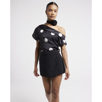 Black Spot print one Shoulder Top | River Island