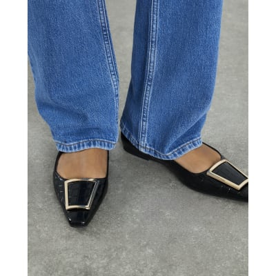 Black Square Buckle Ballet Pumps