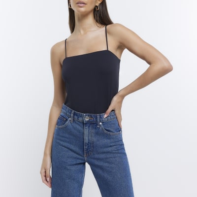 Black square neck bodysuit River Island