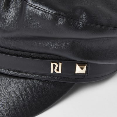 Black square RI trim baker boy hat