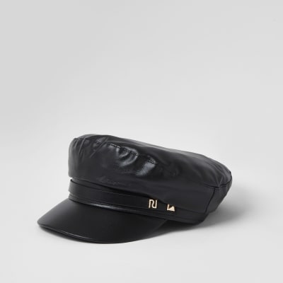 Black square RI trim baker boy hat