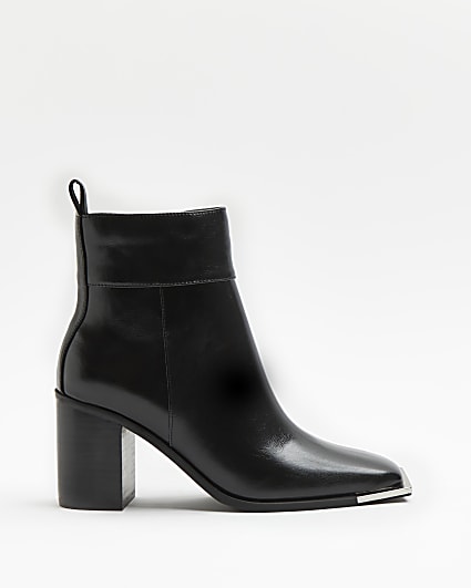 Black square toe block heeled boots