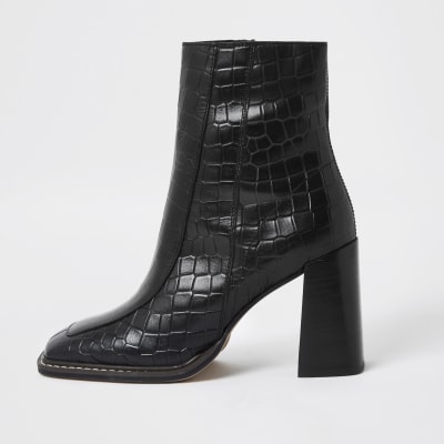 Black square toe leather ankle boots 
