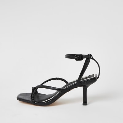 Black square toe midi heel sandals