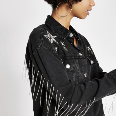 Black star embellished denim shirt