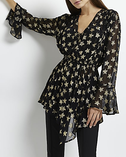 Black star print asymmetric blouse