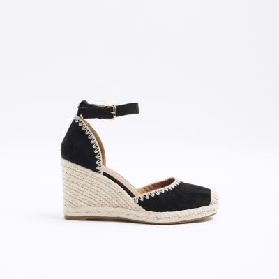 River Island Womens Black Stitch Wedge Espadrille Sandals