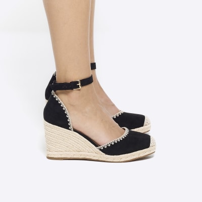 Black stitch wedge espadrille sandals River Island
