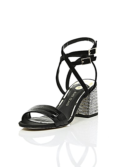 360 degree animation of product Black strappy diamante block heel sandals frame-1