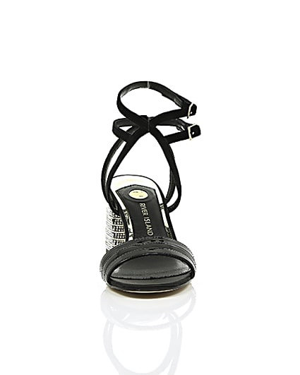 360 degree animation of product Black strappy diamante block heel sandals frame-4
