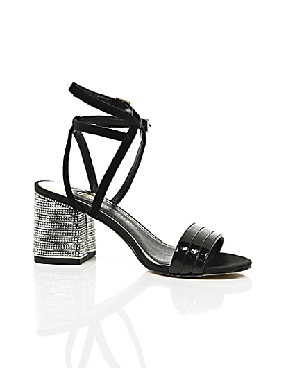 360 degree animation of product Black strappy diamante block heel sandals frame-8