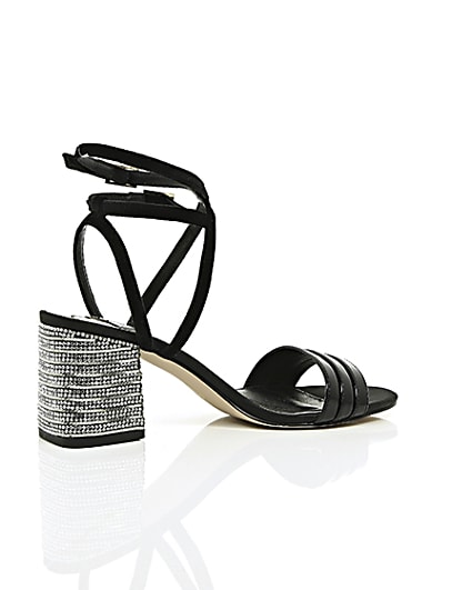 360 degree animation of product Black strappy diamante block heel sandals frame-11