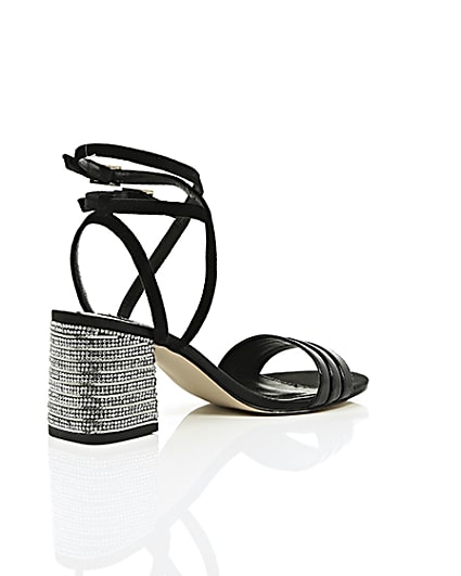 360 degree animation of product Black strappy diamante block heel sandals frame-12