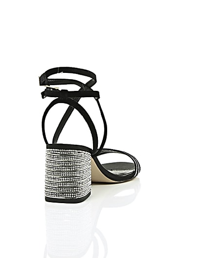 360 degree animation of product Black strappy diamante block heel sandals frame-14