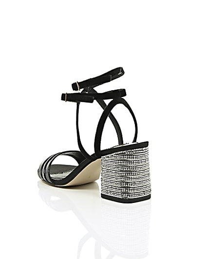 360 degree animation of product Black strappy diamante block heel sandals frame-18