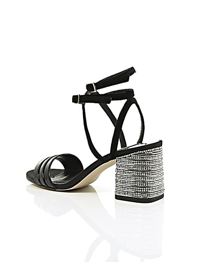 360 degree animation of product Black strappy diamante block heel sandals frame-19