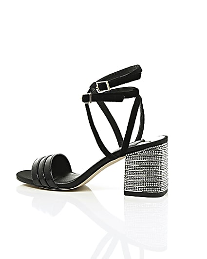 360 degree animation of product Black strappy diamante block heel sandals frame-20