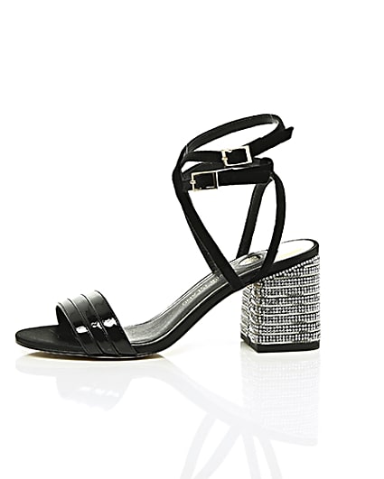 360 degree animation of product Black strappy diamante block heel sandals frame-22