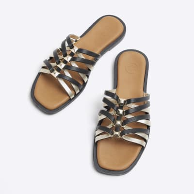 Black strappy flat sandals River Island