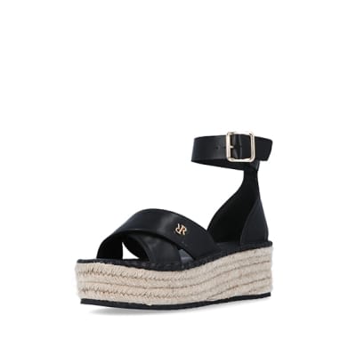 360 degree animation of product Black strappy flatform espadrilles frame-0