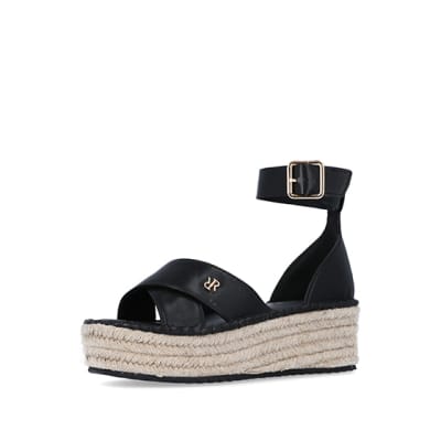 360 degree animation of product Black strappy flatform espadrilles frame-1