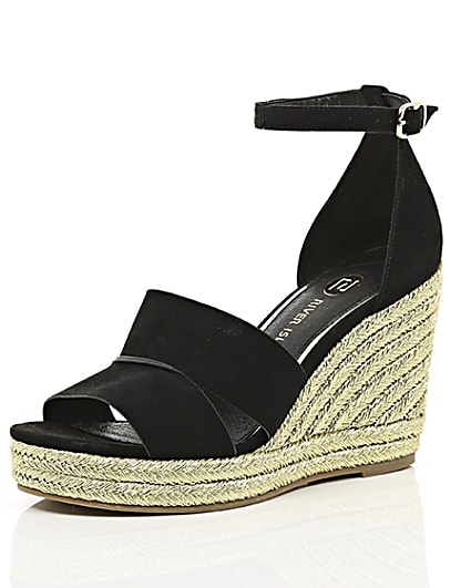 360 degree animation of product Black strappy gold espadrille wedges frame-0