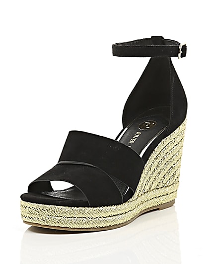 360 degree animation of product Black strappy gold espadrille wedges frame-1